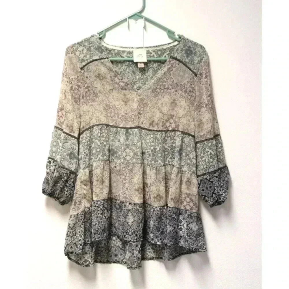 Knox Rose Blouse 3/4 Sleeve v neck casual size small sheer paisley multicolor - Picture 6 of 11